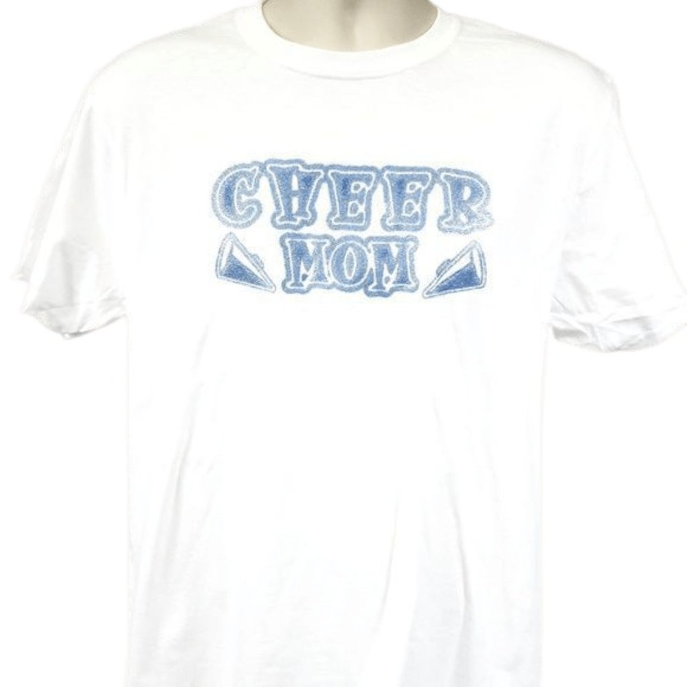 4 Blue Puff Glitter Lettering Cheer Mom Shirt Cheerleader Cheerleading Mother